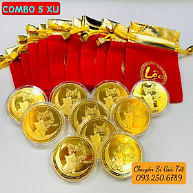 Sỉ Combo 10 Đồng xu con Mèo Vàng , 1 mặt chữ Lộc chiêu tài - tặng kèm túi gấm đỏ LỘC, Tiền lì xì tết 2023 , NELI