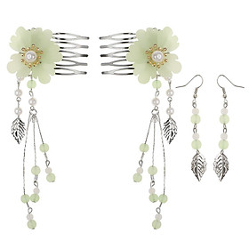Classic Retro Bride Wedding Jewelry Chinese Style Flower Hair Comb Dangle Earrings Set