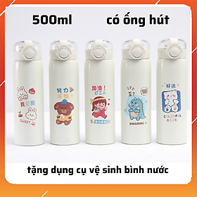 Mua Bình giữ nhiệt HỌA TIẾT DỄ THƯƠNG dung tích 500ml chất liệu inox 304 có ống hút