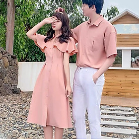 Đồ đôi nam nữ ️️ Áo đôi váy sơ mi dễ thương chụp ảnh đi biển nam nữ Hàn Quốc COUPLE màu hồng AV87