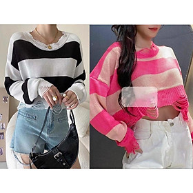 Áo len nữ Montoghi dệt kim mỏng KIỂU RÁCH CROPTOP kẻ sọc phong cách cá tính