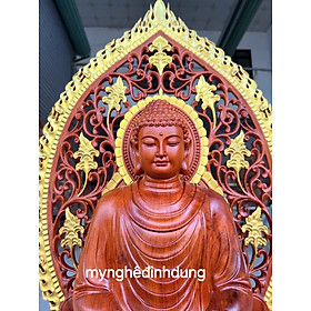 Tượng phật thích ca bằng gỗ hương đá tô điểm dát vàng cao cao 63x36x36cm 