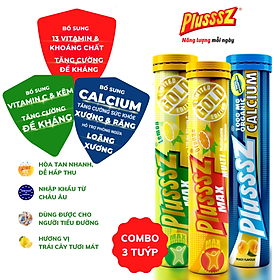 {COMBO 3 TUÝP} viên bổ sủi bọt Plusssz Max Multivitamin vị Cam + viên bổ sủi bọt Plusssz Max Vitamin C vị Chanh +Viên sủi Plusssz Calcium vị Đào và chanh dây không Đường bổ sung canxi dạng hòa tan, dễ hấp thu hỗ trợ ngăn ngừa loãng xương