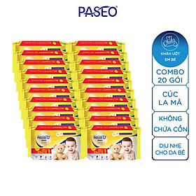 Combo 20 gói Khăn ướt em bé Paseo 50 tờ chiết xuất tinh dầu hoa cúc La Mã