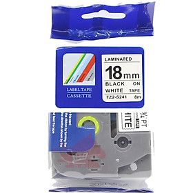 Nhãn in TZ2-S241, Khổ rộng 18mm* dài 8m, chữ đen nền trắng, siêu dính, bám dính cao