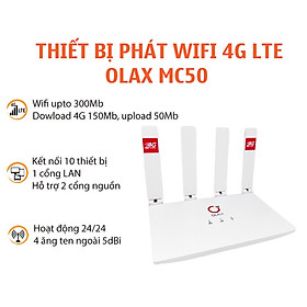 Bộ phát Wifi OLAX MC50 4G LTE Turbo, 4 Ăng Ten Ngoài , Kết Nối 10 Thiết Bị