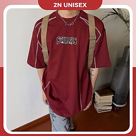 Áo phông nam nữ form rộng 2N Unisex thun cotton thêu chữ viền chỉ màu đỏ/đen
