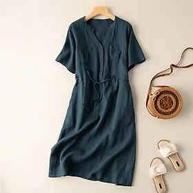 Hình ảnh Váy sơ mi dáng suông cổ V,Đầm sơ mi đũi túi ngực kèm dây thắt eo,phong cách mùa hè Hàn Quốc thương hiệu chính hãng Đũi Việt Dv72