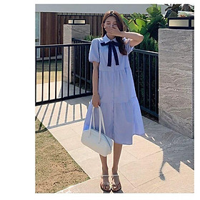 Đầm Sơ Mi Nữ Cổ Cài Nơ Dáng Dài Tay Bo 2 Màu