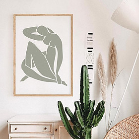 Tranh treo tường | Tranh trừu tượng - Sage green nude woman print, abstract Matisse, mid century modern poster