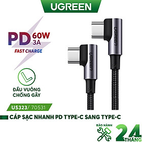 Cáp sạc Type-C sang Type-C UGREEN US323 - Sạc nhạnh PD 60W 3A - Đầu vuông góc chống gập gãy - Hàng nhập khẩu chính hãng