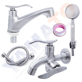 Combo Vòi sen lạnh SUS304  | Vòi lavabo lạnh SUS304 | Tay sen tăng áp – dây sen Inox 304 Yamato