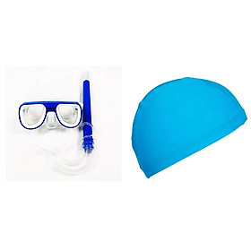Combo kính bơi, mũ bơi và ống thở người lớn/trẻ em thể thao cao cấp (mũ bơi xanh dương, kính bơi màu ngẫu nhiên)