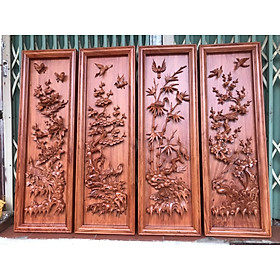 Hình ảnh Tranh treo tường tứ quý bốn mùa trong năm, xuân, hạ ,thu ,đông bằng gỗ hương đá kt 37×117×5.5cm 