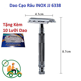 Dao cạo râu INOX cổ điển 6338 có thể thay lưỡi lam, Tặng kèm 10 lưỡi dao cạo 2 mặt