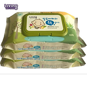 Bộ 3 gói khăn giấy ướt Living Aloe Vera Chok Chok - loại 80 tờ/gói