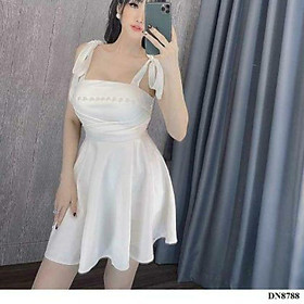 Đầm xòe 2 dây cột nơ đính cườm
