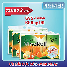 [COMBO 3 LỐC] Giấy vệ sinh Premier VinaRoll không lõi, 3 lớp 100% bột giấy nguyên sinh, không chất tẩy lốc 6 cuộn