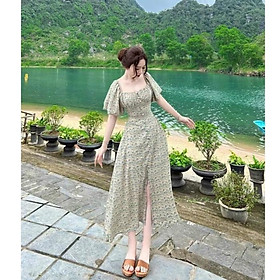 Đầm maxi hoa cổ vuông nhún ngực đính nút siêu xinh
