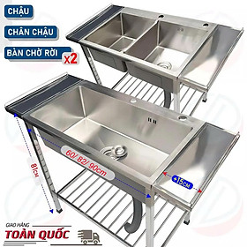 COMBO Chậu Rửa Chén Bát Có Kệ Chân Nhiều Kích Thước Lắp Thêm 2 Bàn Chờ Rộng Rãi - Gồm chậu, xi phông, kệ chân, 2 bàn rời