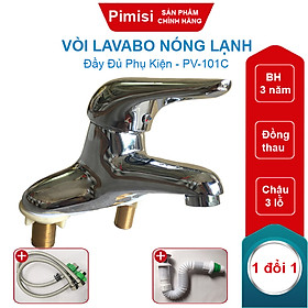 Vòi lavabo nóng lạnh Pimisi cho chậu rửa mặt 3 lỗ (2 chân) bằng đồng thau - mạ crom, niken sáng bóng dùng trong nhà tắm - điều chỉnh nước bằng gật gù nóng lạnh gắn trên bồn chậu rửa mặt treo tường đầy đủ phụ kiện xi phông và dây cấp nước | Hàng chính hãng