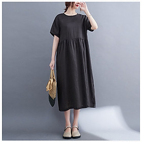 Đầm suông đũi cổ tròn form rộng trẻ trung, chất vải đũi mềm mát, thời trang phong cách Nhật Bản Da81