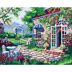 Mua Tranh sơn dầu số hóa tự tô đã căn khung 40x50cm- E111 ngôi nhà hoa nắng