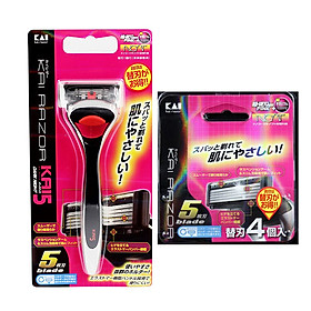 Combo dao cạo 5 lưỡi kép KAI + 4 lưỡi dao thay thế KAI - Tặng 16 khăn giấy bỏ túi hình hoa nội địa Nhật Bản