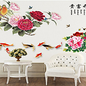 decal dán tường hoa mẫu đơn đỏ chim cá bông to 2 mảnh gs9014