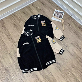 Áo khoác nhung nam nữ màu đen tay phối màu kiểu bomber logo 33 thêu 2 mặt hoạ tiết chữ hiện đại thoáng mát