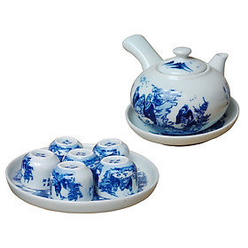 Mua Bộ ấm chén men lam quai ngang Trúc Lâm Thất Hiền gốm sứ Bát Tràng (bộ bình uống trà  bộ bình trà)