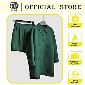 Bộ sơ mi nữ xanh rêu form rộng và quần đùi trẻ trung ĐŨI VIỆT thời trang mùa xuân hè cho nữ