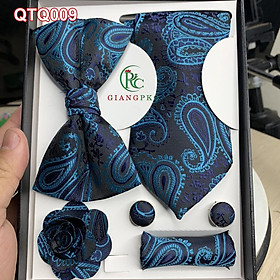 Set cà vạt họa tiết + măng séc + khăn cài áo sang trọng + nơ họa tiết gấm nổi Giangpkc qtp007