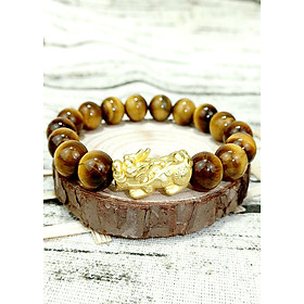 Vòng Tay Phong Thủy Mắt Hổ Nâu Vàng Tỳ Hưu Bạc Mạ Vàng 24K - Tăng Vượng Khí - Chiêu Tài Bốn Phương - Hợp Mệnh Thổ , Kim