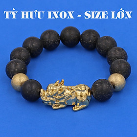 Vòng chuỗi đeo tay đá núi lửa 14 ly ( size lớn ) charm tỳ hưu và bi inox vàng, vòng tay chuỗi hạt