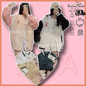 Áo khoác bomber bóng chày dù mero 2 lớp in gấu phối tay unisex ulzzang nam nữ AD132
