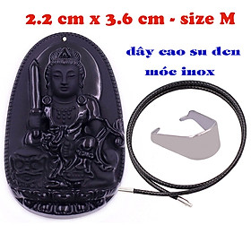 Mặt Phật Văn thù thạch anh đen 3.6 cm kèm vòng cổ dây cao su đen - mặt dây chuyền size M, Mặt Phật bản mệnh