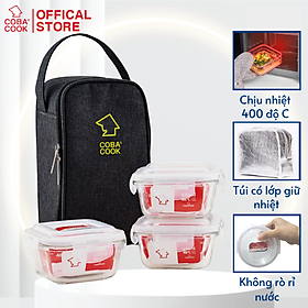Mua Bộ túi hộp cơm thủy tinh COBA COOK. Gồm 3 hộp 320ml và 1 túi giữ nhiệt với 2 khóa kéo tiện dụng- CCS33BL