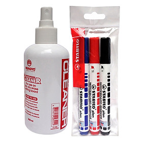 Bộ 3 Bút Lông Bảng Stabilo Plan Đầu Vuông (Xanh + Đỏ + Đen) + Nước Lau Bảng 250Ml- WM643-C3A+