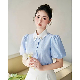 Áo cổ sơ mi kết ngọc tay phồng