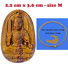 Mặt Phật Bất động minh vương đá mắt hổ 3.6 cm kèm dây chuyền inox vàng - mặt dây chuyền size M, Mặt Phật bản mệnh