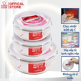 Bộ 3 hộp thủy tinh hình tròn trữ thực phẩm chịu nhiệt 1 hộp 950ml 2 hộp 620ml COBA'COOK-CCR9R63