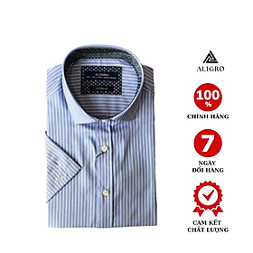 Hình ảnh Áo sơ mi nam ngắn tay ALIGRO kẻ xanh trắng chất liệu cotton tự nhiên cao cấp, vạt bằng, form custom sang trọng  ALGS-C93