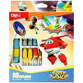 Hộp 18 Bút Màu Sáp Kèm Cây Cầm Bút & Đồ Chuốt 2 Trong 1 - Super Wings - Deli EC009-18