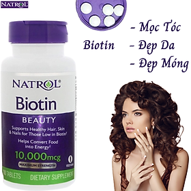Hỗ trợ mọc tóc Natrol Biotin Beauty giúp tóc mọc nhanh dài, dày hơn,   làn da rạng rỡ và móng tay chắc khỏe - Massel Official - 10,000mcg - 100 viên nén/hộp