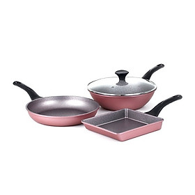 Bộ 3 chảo chống dính cao cấp: 1 Chảo sâu lòng 28cm+nắp kính, 1 chảo cạn 28cm, 1 chảo vuông 20 x 23cm