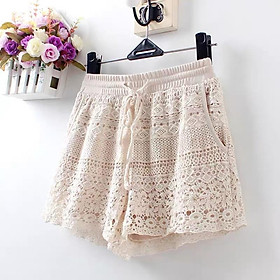 MS608 Quần short nữ ren hoa đan móc cạp chun đi biển