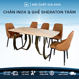 Mua Bàn lăn mặt đá ceramic chân inox mạ vàng titan kết hợp ghế Sheraton trám