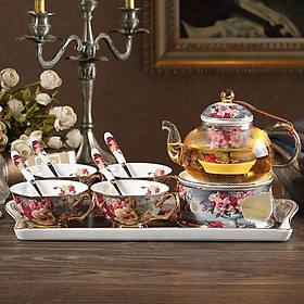 Bộ ấm trà thủy tinh kèm 4 cốc sứ, thìa, khay sứ và 1 đế châm nến họa tiết hoa hồng