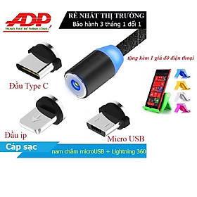 Mua Cáp sạc từ hút nam châm 3 đầu - Dây dù - xoay 360 độ có LED cao cấp ( tặng kèm 1 giá đỡ điện thoại)